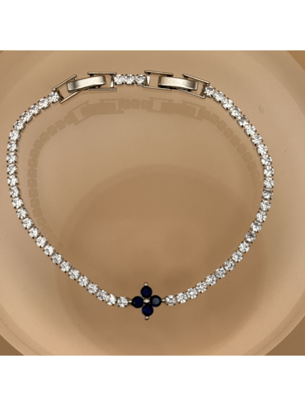 candy+clover dark blue crystal and rhinestone floral silver tone tennis bracelet